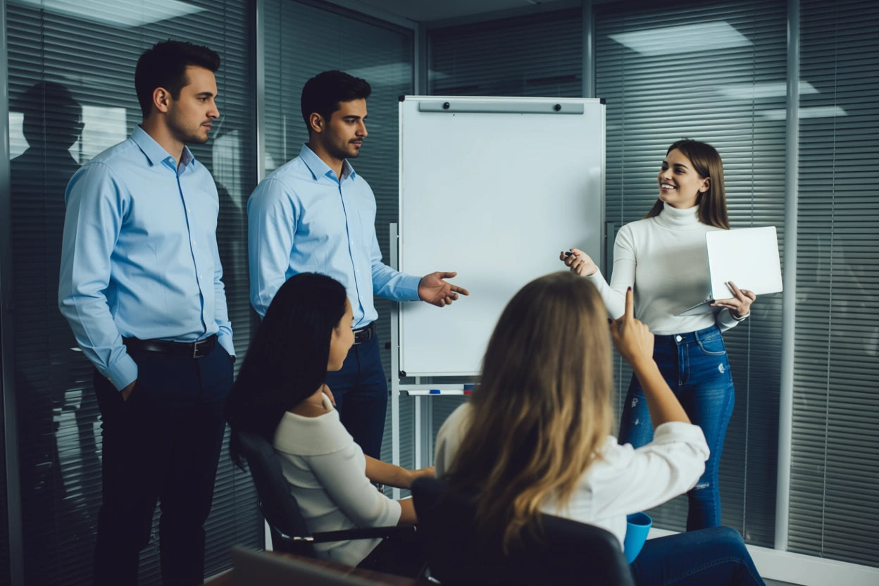 Cheerful employee with laptop talking about business