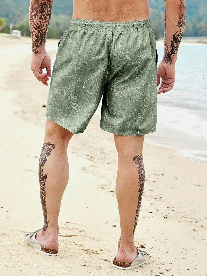 Men’s Leaf-Patterned Shorts with Drawstring