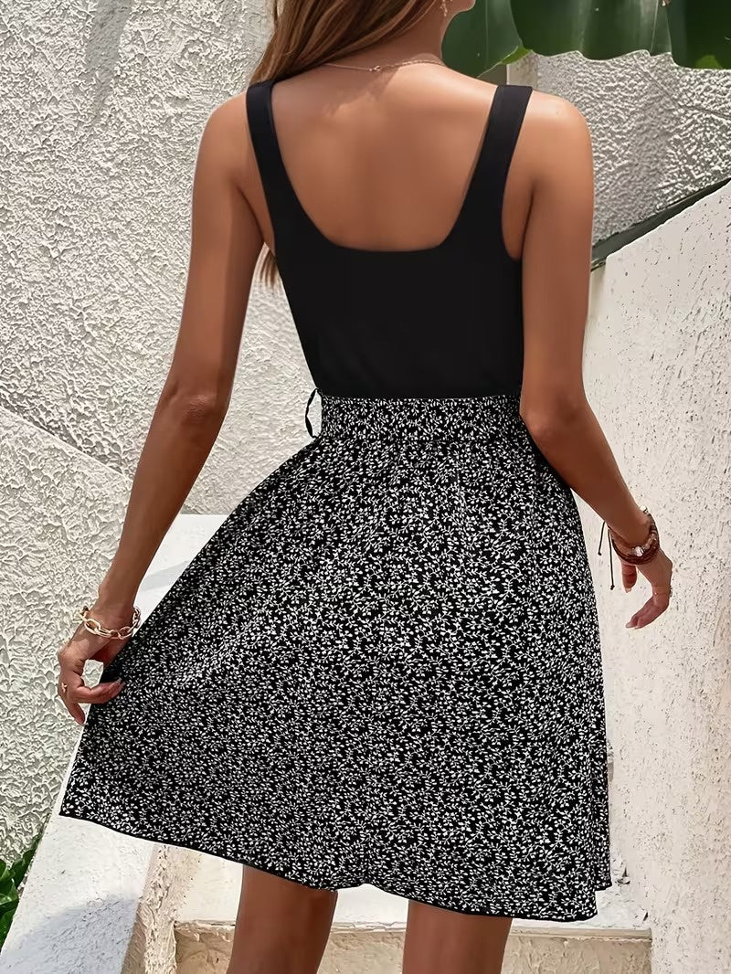 Women's Sleeveless Mini Dress with Floral Skirt