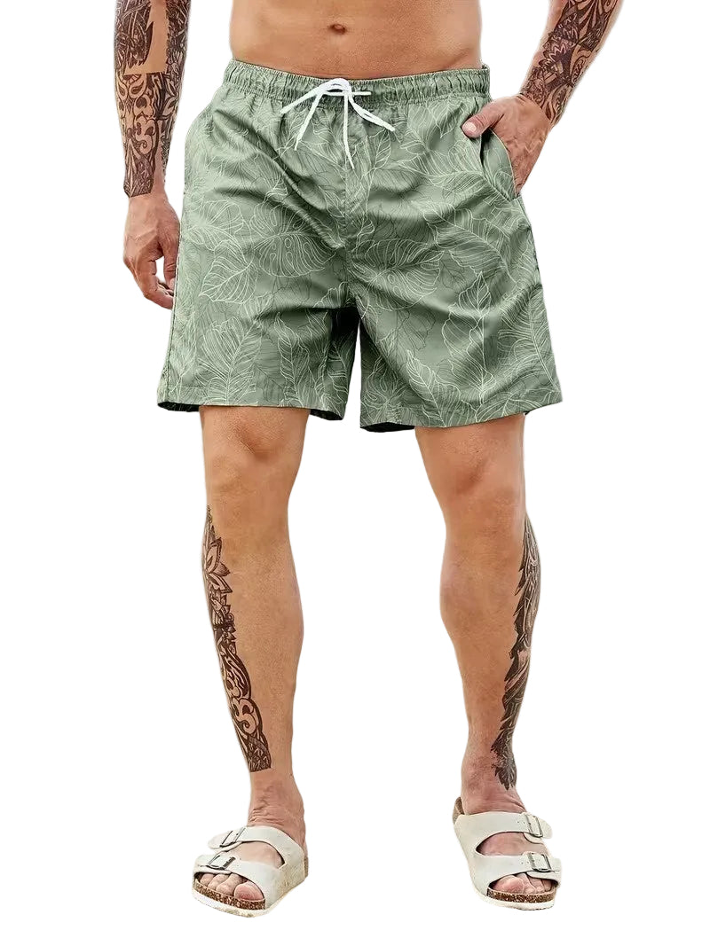 Men’s Leaf-Patterned Shorts with Drawstring